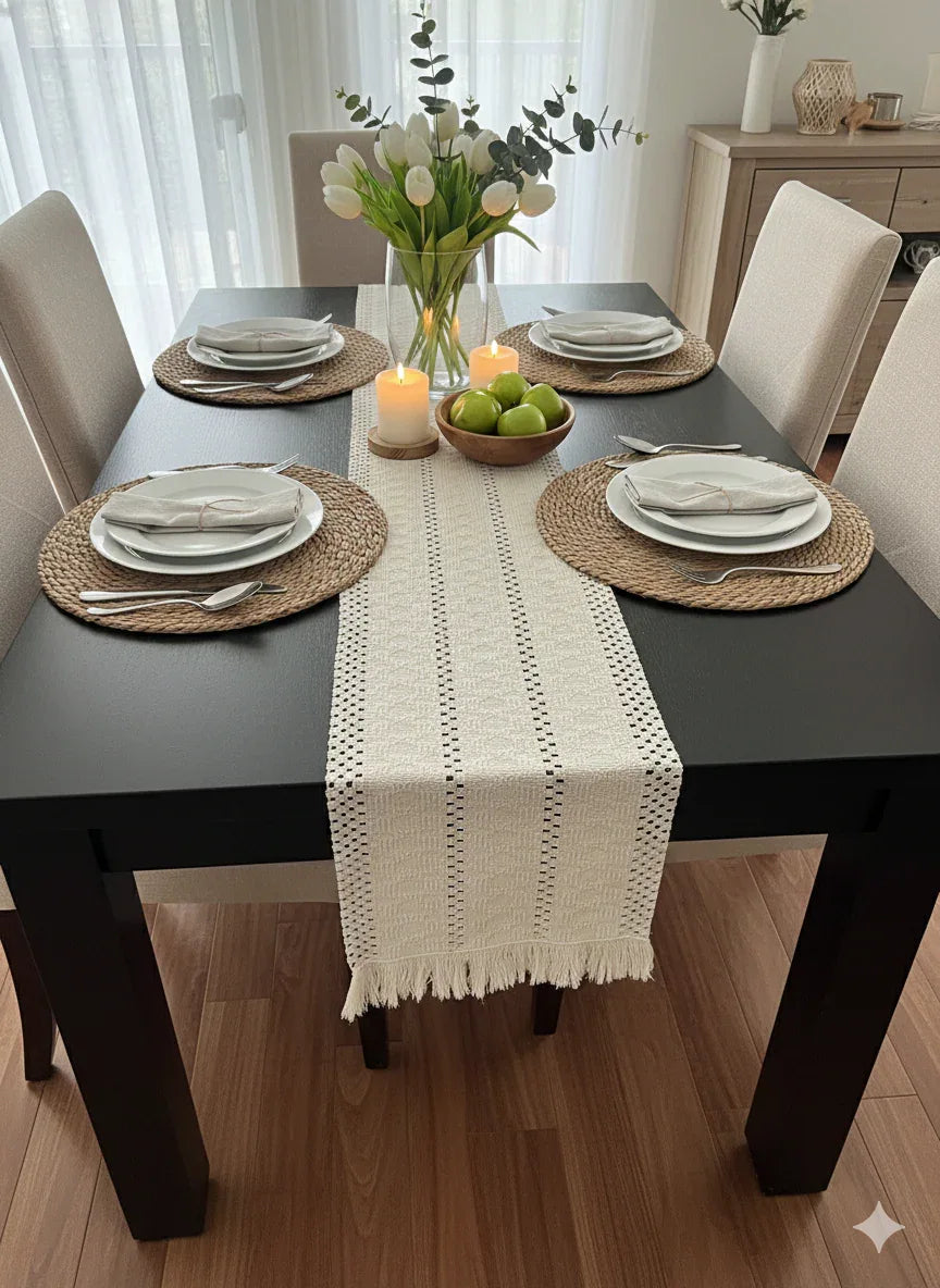Set Camino de Mesa 180x36 cm + 4 Individuales Redondos 40 cm – Yute Natural Estilo Boho - KB Home