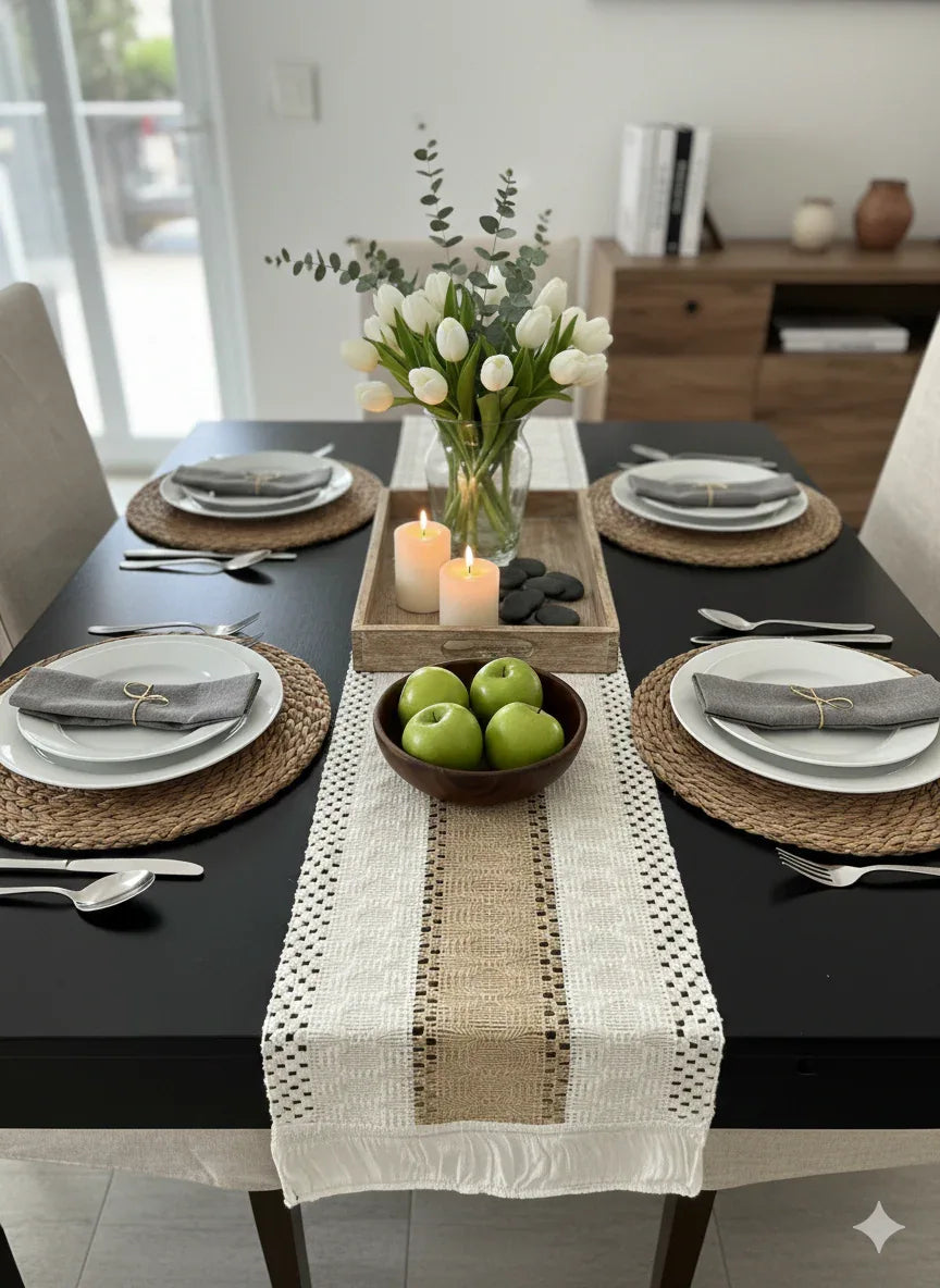 Set Camino de Mesa 180x36 cm + 4 Individuales Redondos 40 cm – Yute Natural Estilo Boho - KB Home