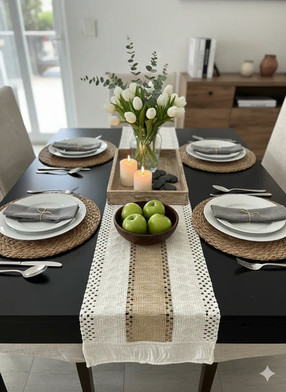 Set Camino de Mesa 180x36 cm + 4 Individuales Redondos 40 cm – Yute Natural Estilo Boho - KB Home