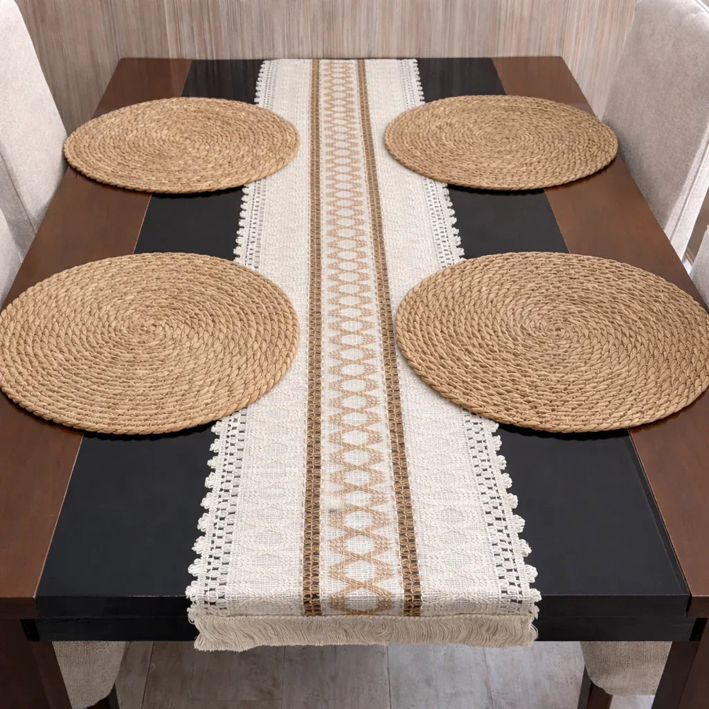 Set Camino de Mesa 180x36 cm + 4 Individuales Redondos 40 cm – Yute Natural Estilo Boho - KB Home