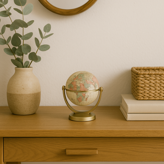 Globo Terráqueo Decorativo Vintage 14x10cm con Base Dorada | Mapamundi de Escritorio