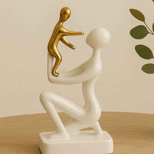 Estatua Decorativa Madre e Hijo Blanco y Dorado – Resina Moderna Minimalista