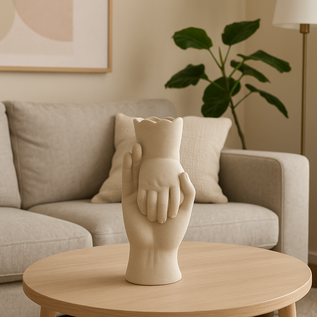 Jarrón Decorativo en Forma de Mano Sosteniendo Mano de Niño – Estilo Escultórico Moderno