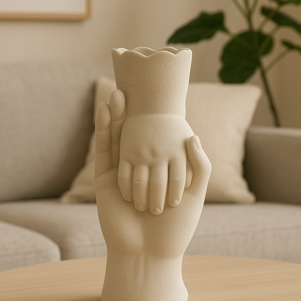Jarrón Decorativo en Forma de Mano Sosteniendo Mano de Niño – Estilo Escultórico Moderno