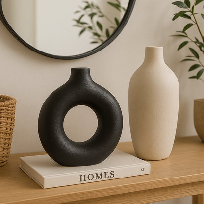 Jarrón Decorativo Redondo Hueco Negro Mate – Estilo Moderno Minimalista
