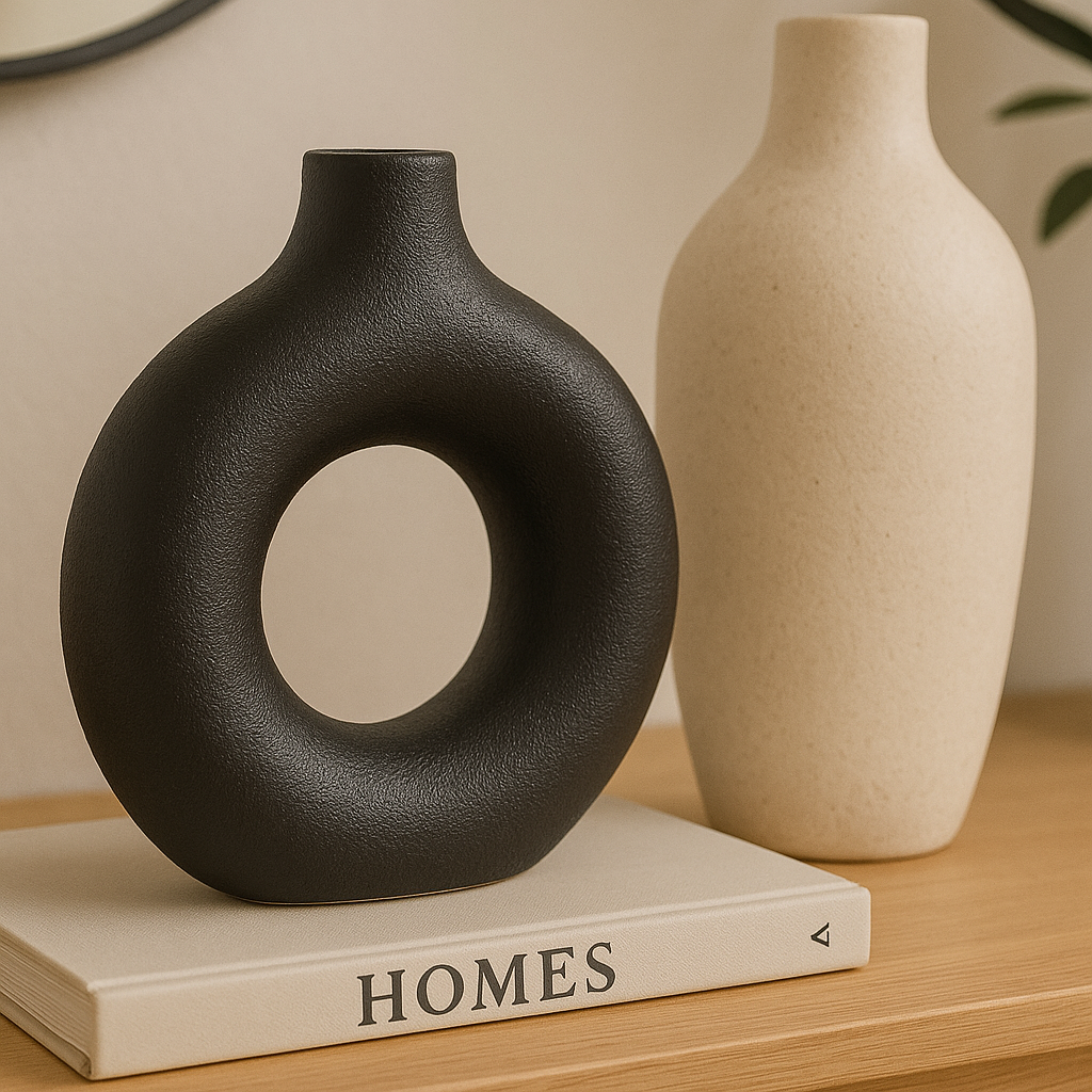 Jarrón Decorativo Redondo Hueco Negro Mate – Estilo Moderno Minimalista