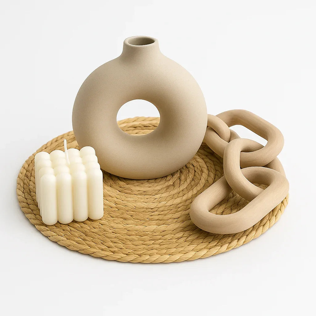 Pack Decorativo Minimalista – Jarrón Cerámica + Cadeneta Madera + Vela + Base Yute - KB Home