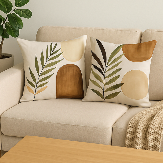 Set de Fundas de Cojines Abstractos con Hojas Verdes y Tonos Tierra – Pack de 2 Unidades