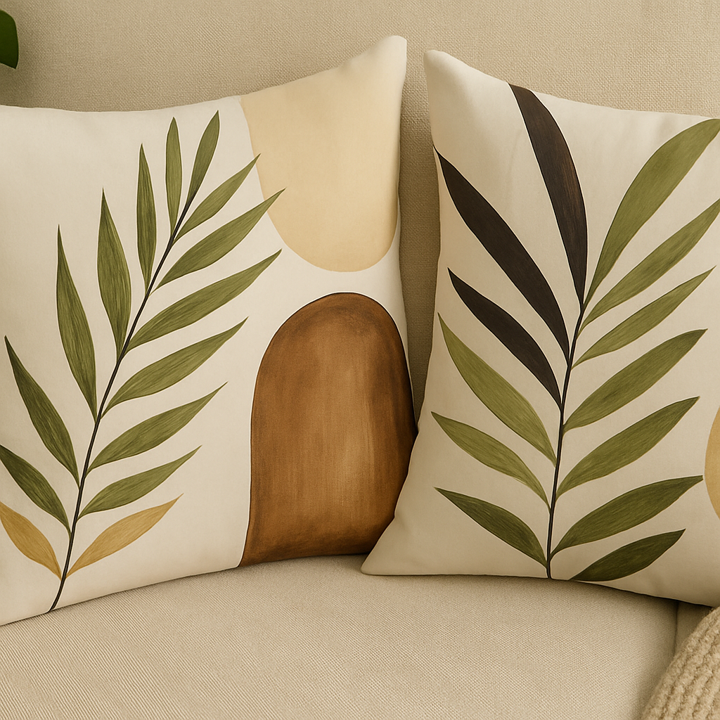 Set de Fundas de Cojines Abstractos con Hojas Verdes y Tonos Tierra – Pack de 2 Unidades