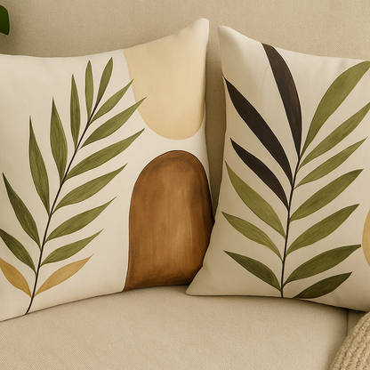Set de Fundas de Cojines Abstractos con Hojas Verdes y Tonos Tierra – Pack de 2 Unidades