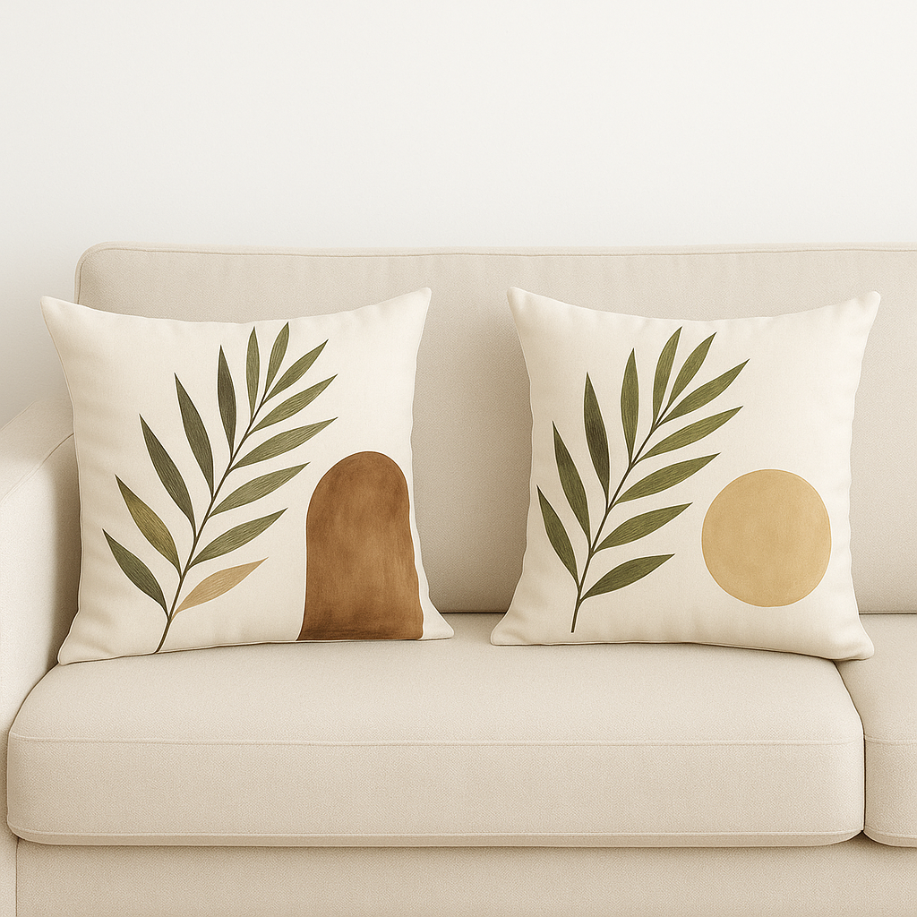 Set de Fundas de Cojines Abstractos con Hojas Verdes y Tonos Tierra – Pack de 2 Unidades