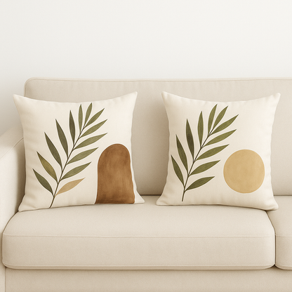 Set de Fundas de Cojines Abstractos con Hojas Verdes y Tonos Tierra – Pack de 2 Unidades