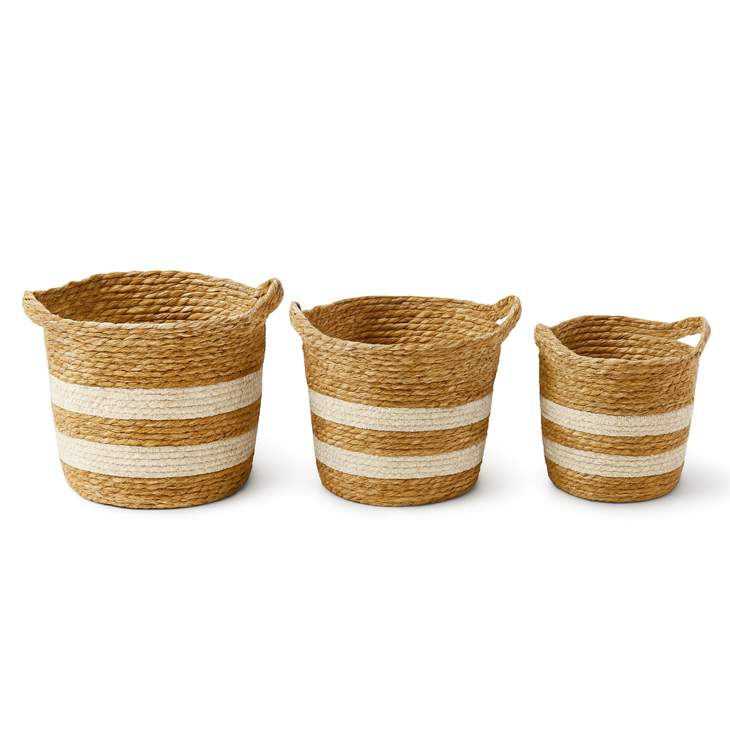 Set de 3 Cestas de Yute Natural con Franjas Blanco Crema