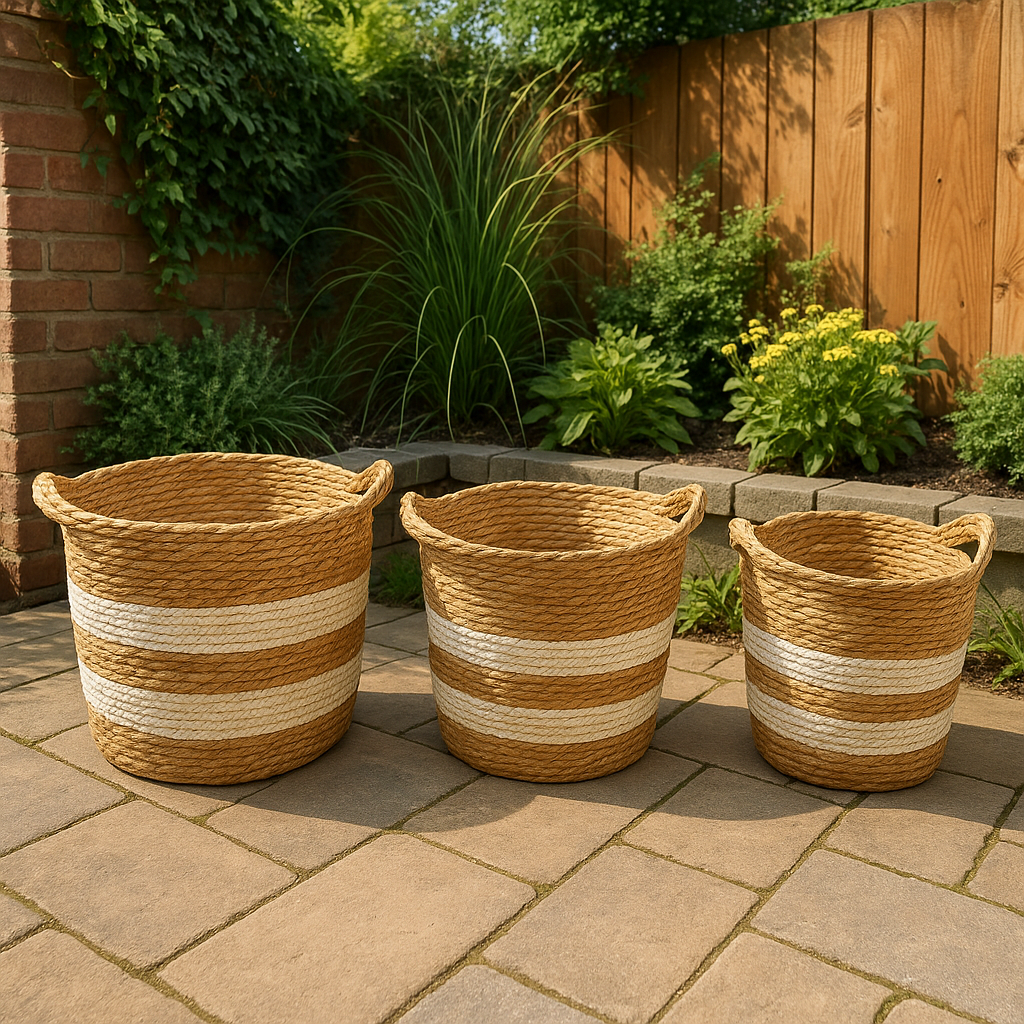 Set de 3 Cestas de Yute Natural con Franjas Blanco Crema