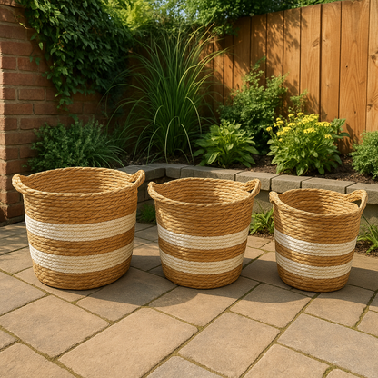 Set de 3 Cestas de Yute Natural con Franjas Blanco Crema