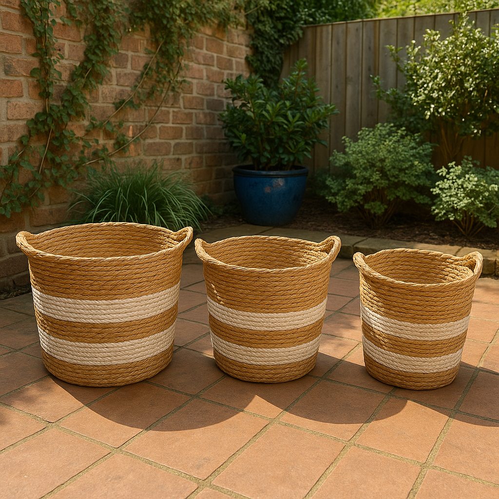 Set de 3 Cestas de Yute Natural con Franjas Blanco Crema