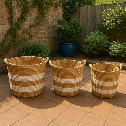 Set de 3 Cestas de Yute Natural con Franjas Blanco Crema