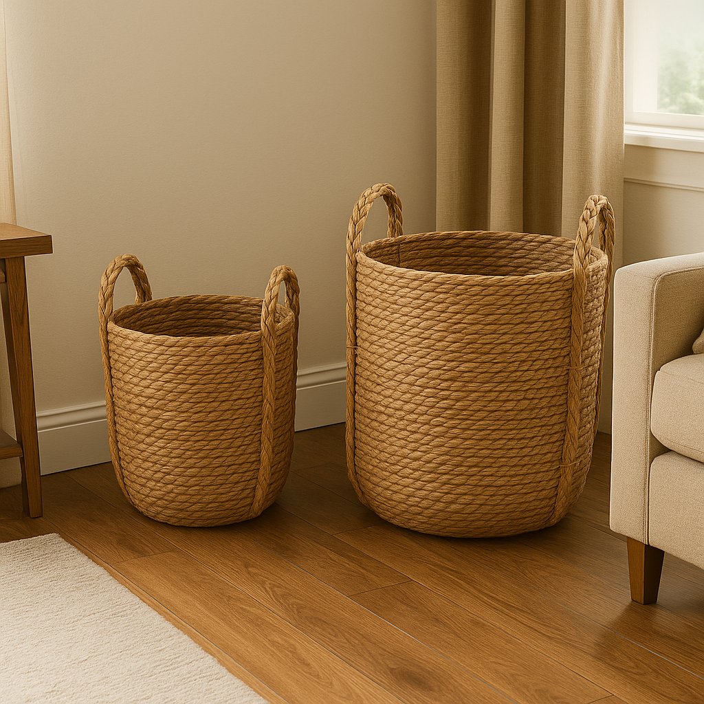 Set de 2 Cestas de Yute Natural con Asas Altas Trenzadas