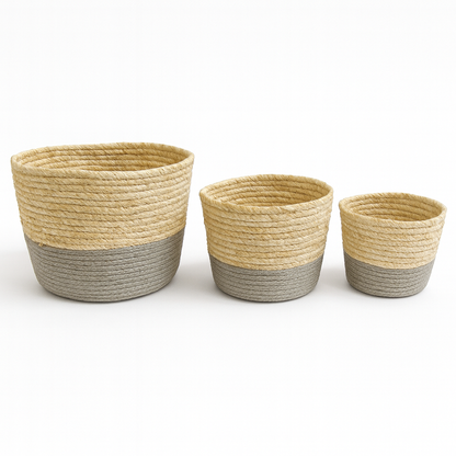 Set de Cestas de Yute Natural con Base Gris de 3 Tamaños