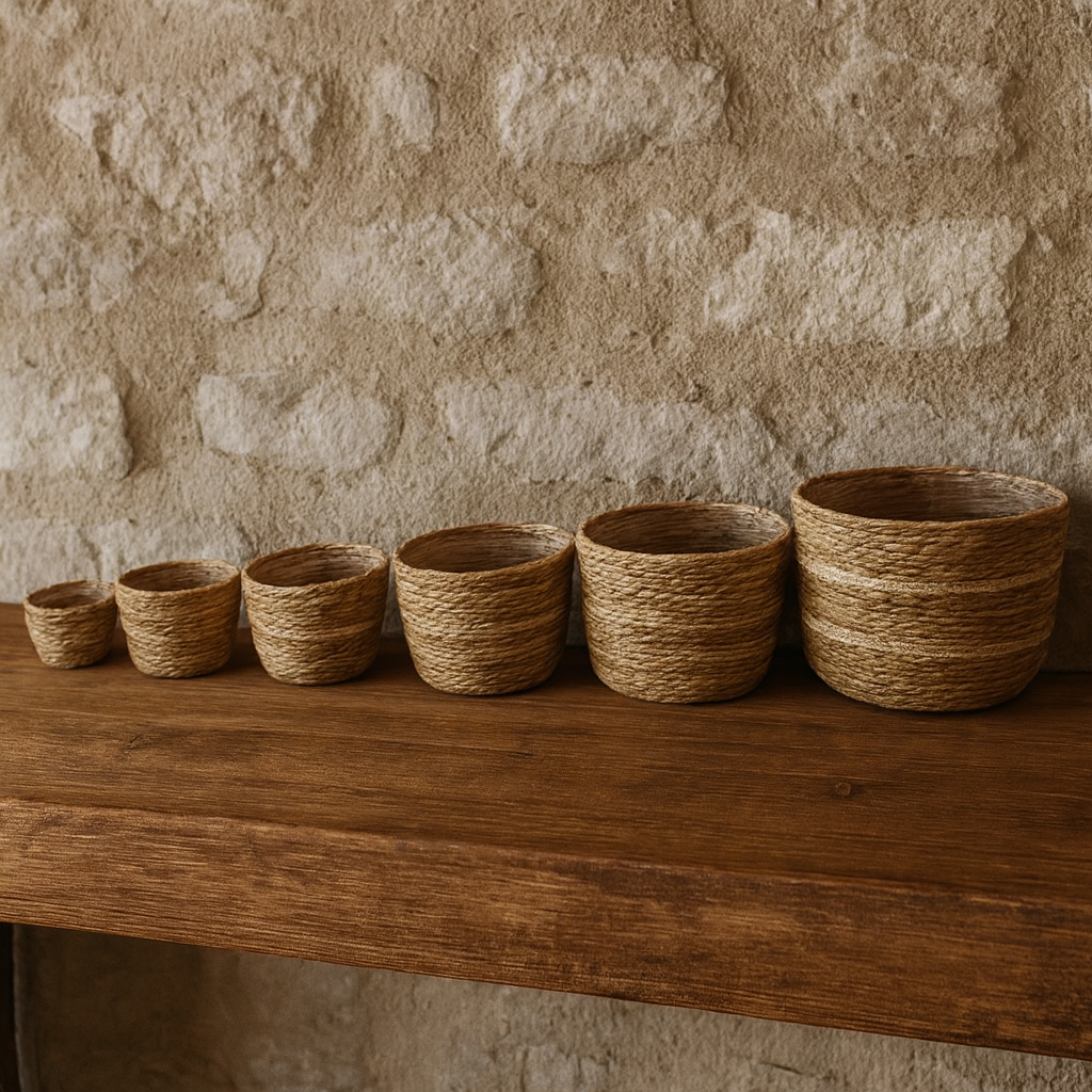 Set de 6 Cestas de Yute Natural con Detalle en Blanco