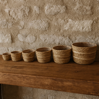 Set de 6 Cestas de Yute Natural con Detalle en Blanco