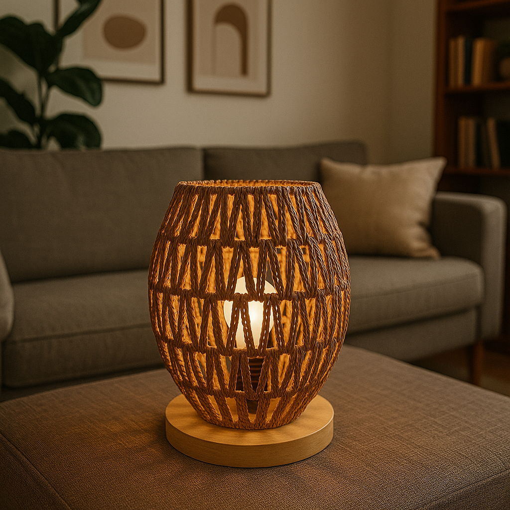 Lámpara de Mesa de Yute Tejido a Mano con Base de Madera