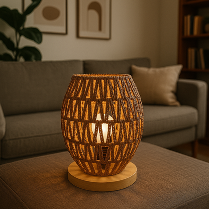 Lámpara de Mesa de Yute Tejido a Mano con Base de Madera