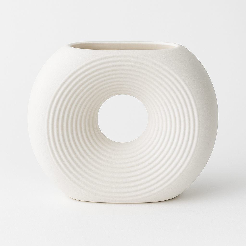 Jarrón Decorativo Blanco de Cerámica con Diseño Circular