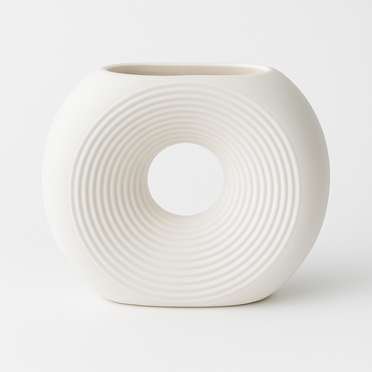 Jarrón Decorativo Blanco de Cerámica con Diseño Circular