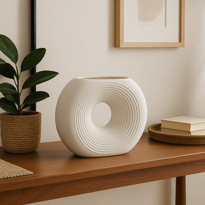 Jarrón Decorativo Blanco de Cerámica con Diseño Circular