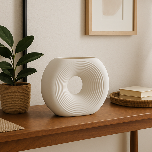 Jarrón Decorativo Blanco de Cerámica con Diseño Circular