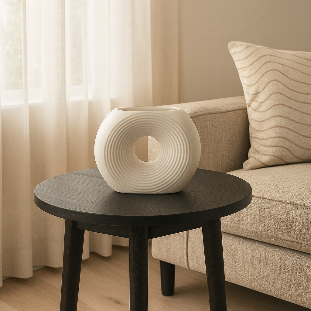 Jarrón Decorativo Blanco de Cerámica con Diseño Circular