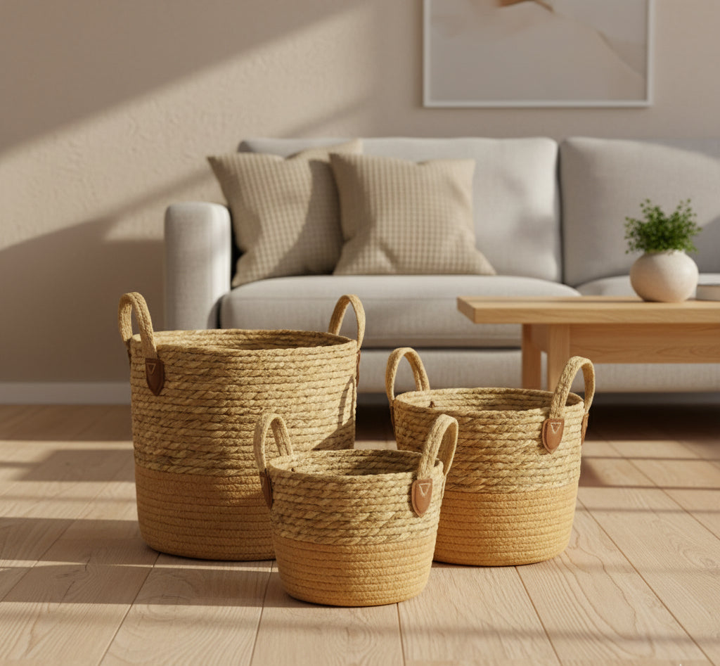 Set de 3 Cestas de Yute Naturales con Manillas