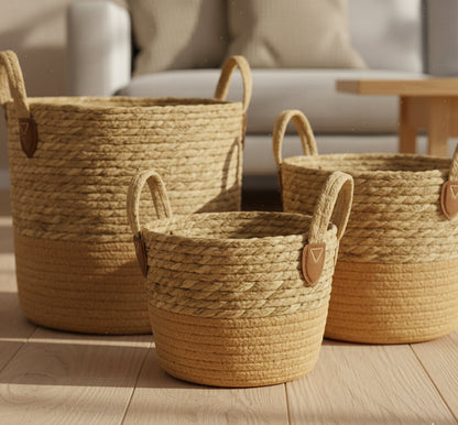 Set de 3 Cestas de Yute Naturales con Manillas