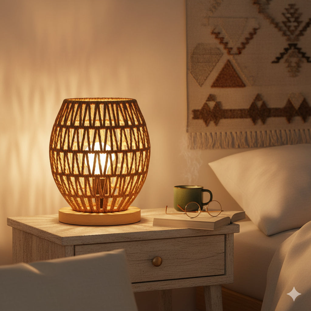 Lámpara de Mesa de Yute Tejido a Mano con Base de Madera