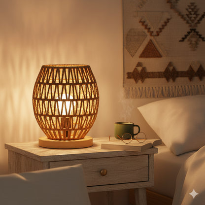 Lámpara de Mesa de Yute Tejido a Mano con Base de Madera