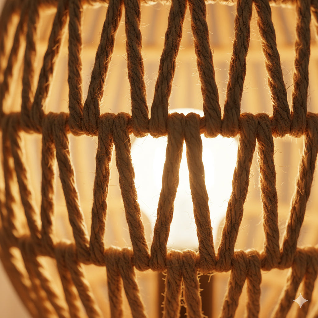 Lámpara de Mesa de Yute Tejido a Mano con Base de Madera