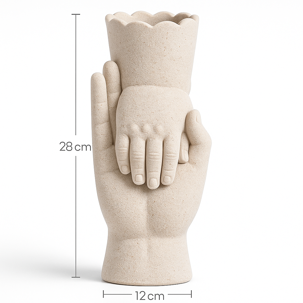 Jarrón Decorativo en Forma de Mano Sosteniendo Mano de Niño – Estilo Escultórico Moderno