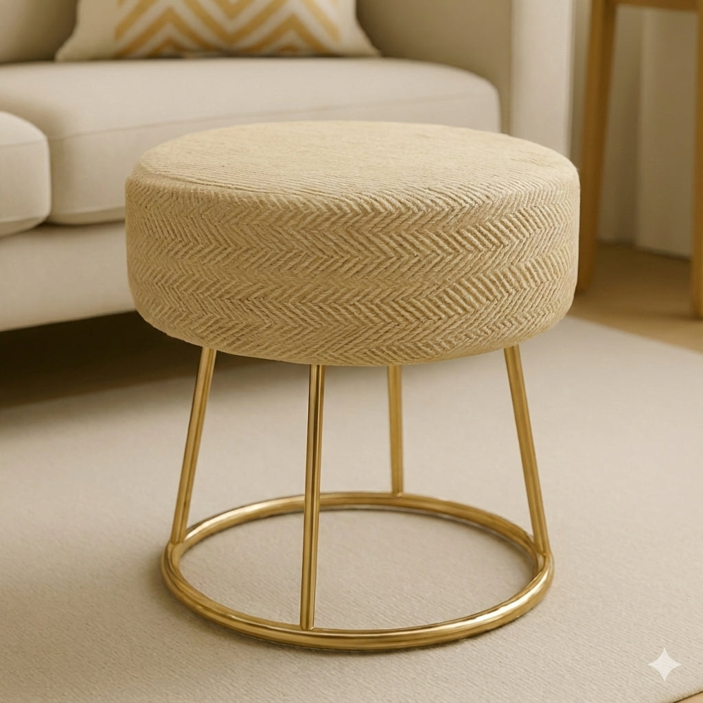 Taburete Decorativo de Yute Natural con Base Metálica Dorada