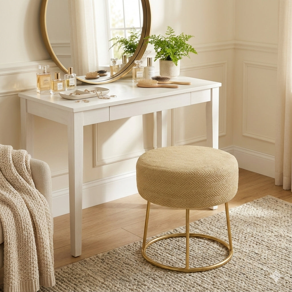 Taburete Decorativo de Yute Natural con Base Metálica Dorada