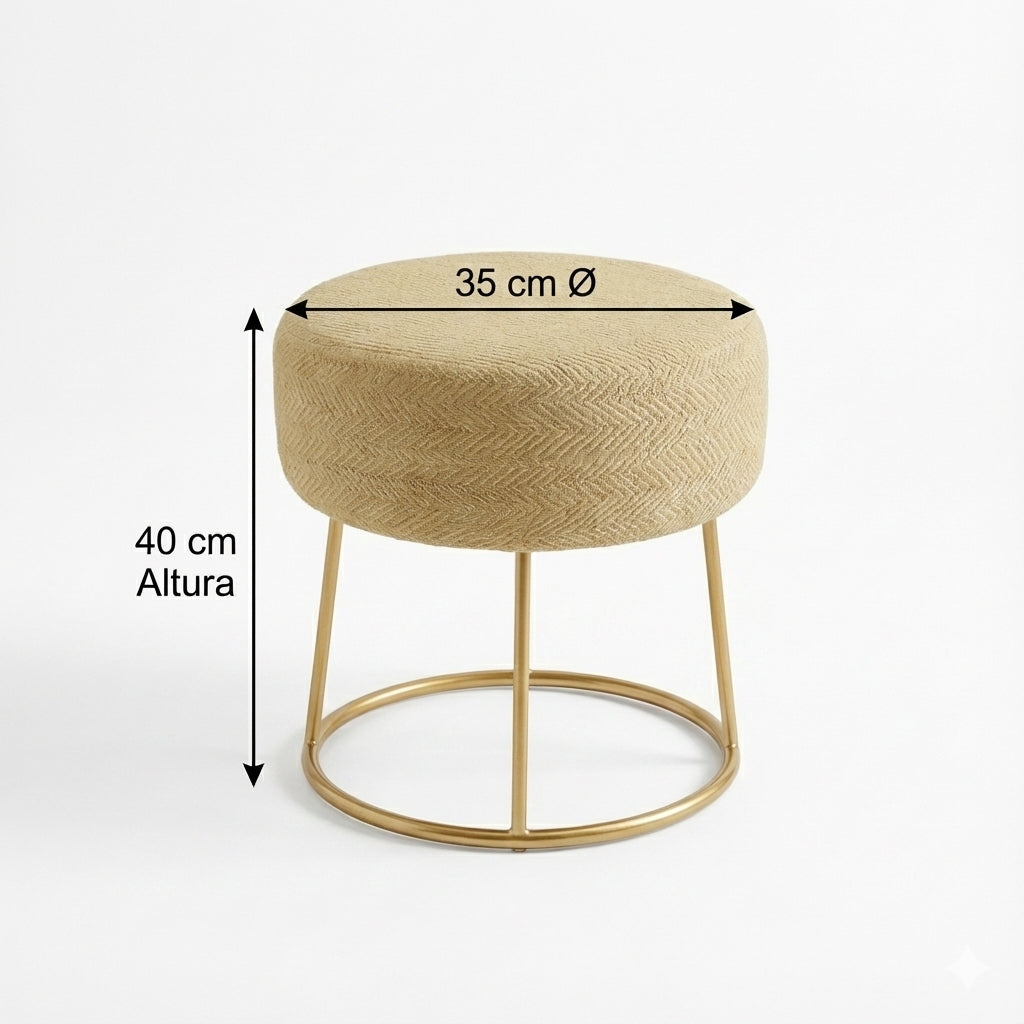 Taburete Decorativo de Yute Natural con Base Metálica Dorada