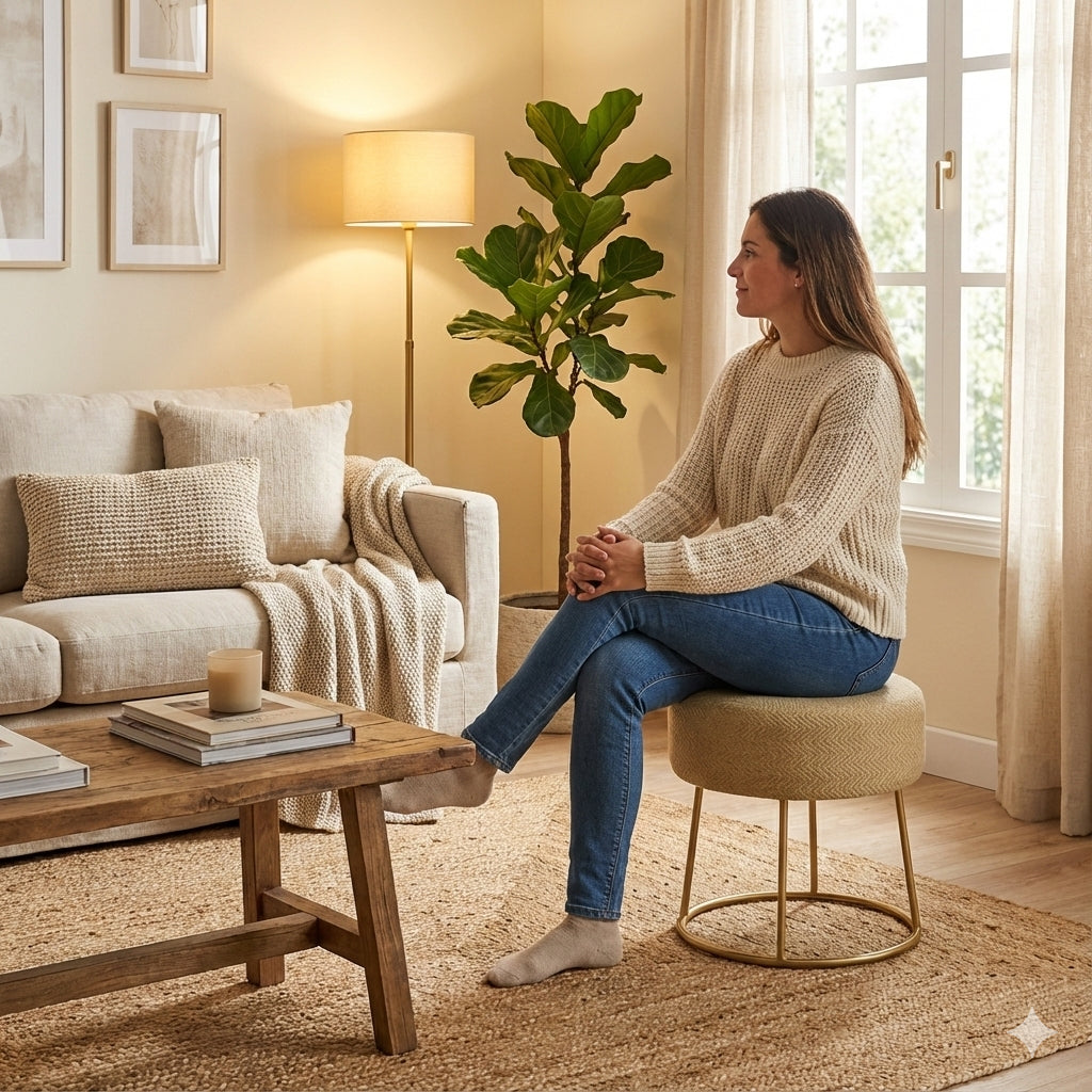 Taburete Decorativo de Yute Natural con Base Metálica Dorada