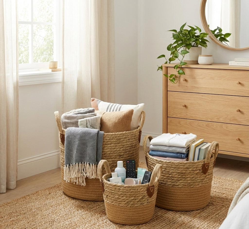 Set de 3 Cestas de Yute Naturales con Manillas