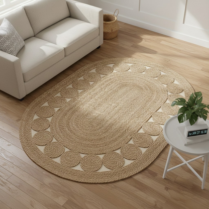 Alfombra de Yute Ovalada Artesanal - 150x100 cm - Diseño de Espirales
