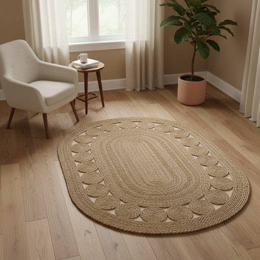 Alfombra de Yute Ovalada Artesanal - 150x100 cm - Diseño de Espirales