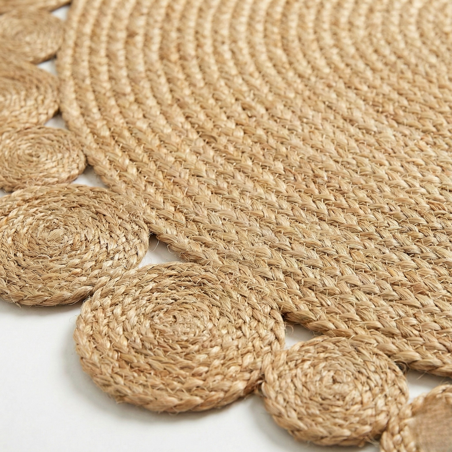 Alfombra Redonda de Yute Natural 150 cm - Diseño Trenzado con Borde de Círculos