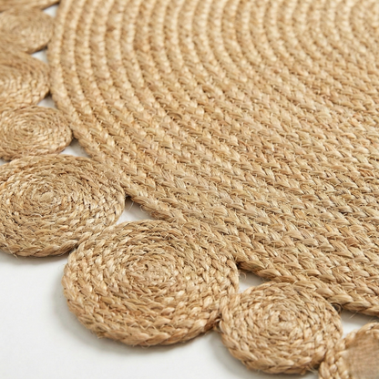 Alfombra Redonda de Yute Natural 150 cm - Diseño Trenzado con Borde de Círculos
