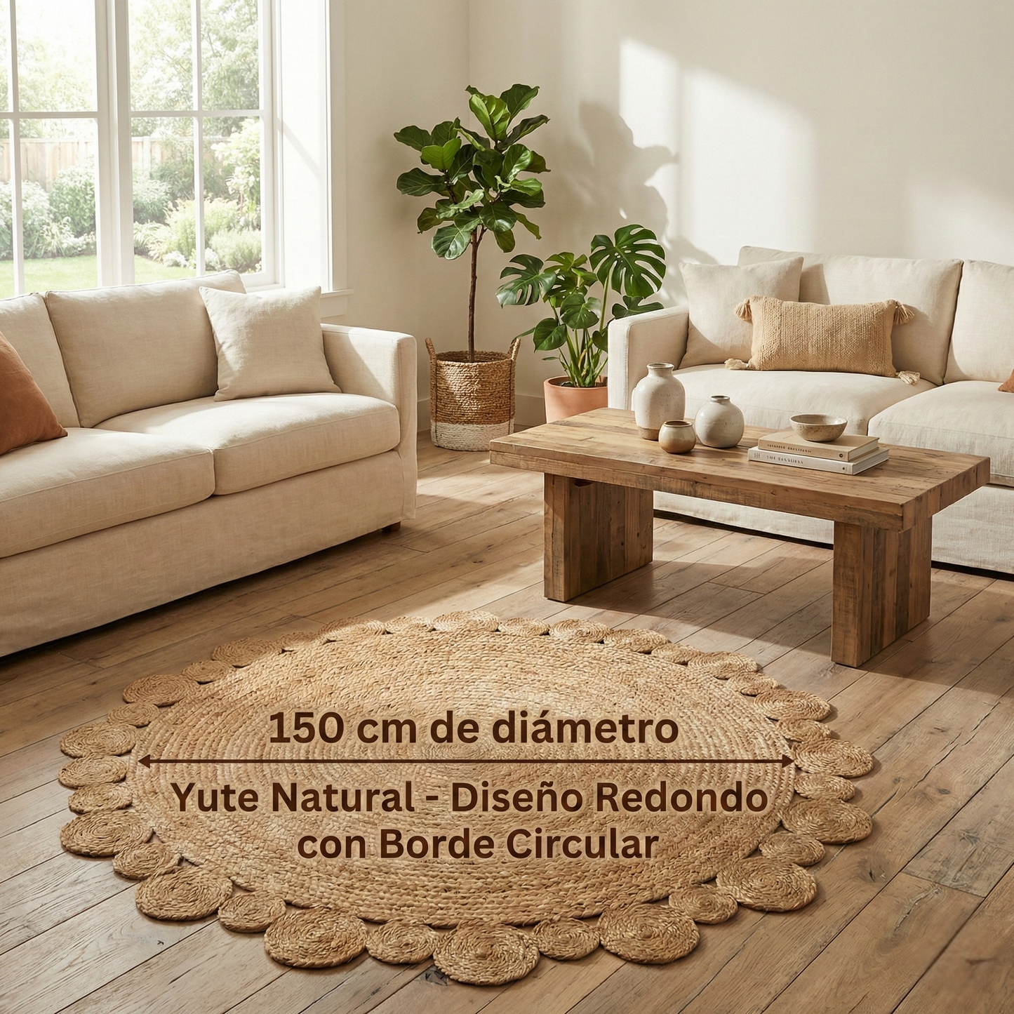 Alfombra Redonda de Yute Natural 150 cm - Diseño Trenzado con Borde de Círculos