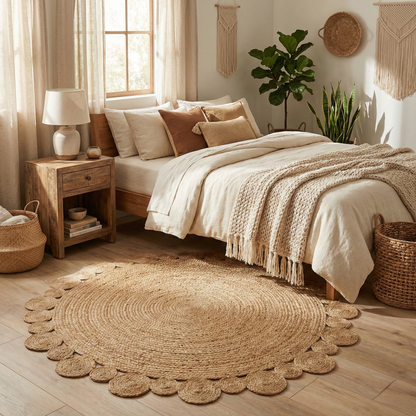 Alfombra Redonda de Yute Natural 150 cm - Diseño Trenzado con Borde de Círculos