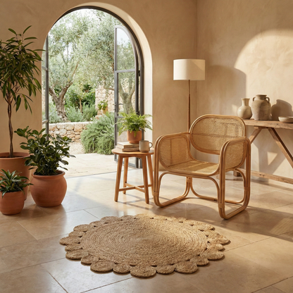 Alfombra Redonda de Yute Natural 150 cm - Diseño Trenzado con Borde de Círculos